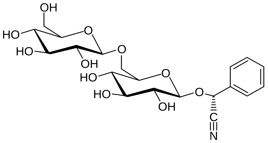 Amygdalin molecular structure — cyanogenic glycoside with two glucose units