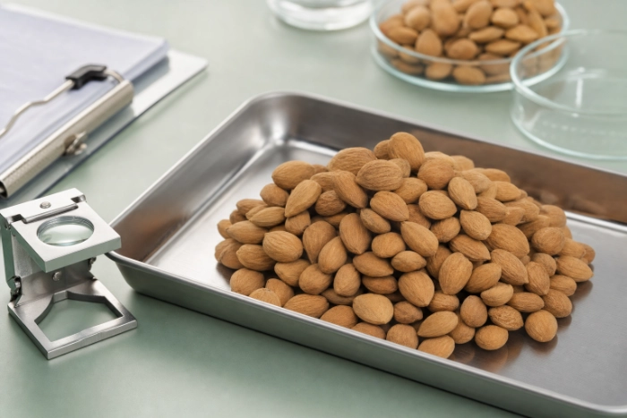 Apricot kernels on a lab tray with magnifying glass for QC inspection
