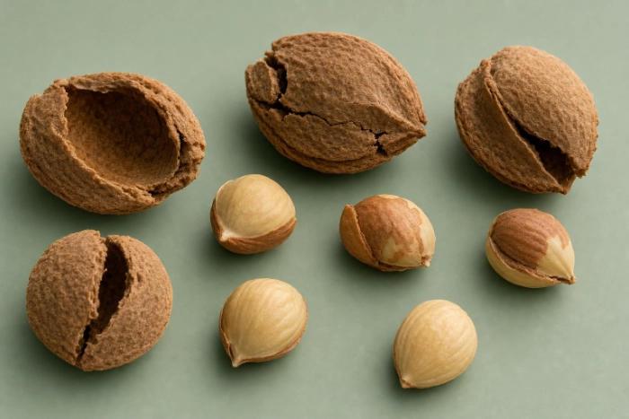 Cracked apricot pits showing the inner kernel seeds after shelling