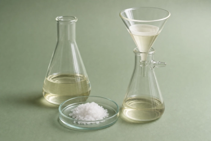 Laboratory flasks and funnel showing amygdalin extraction and crystallisation process