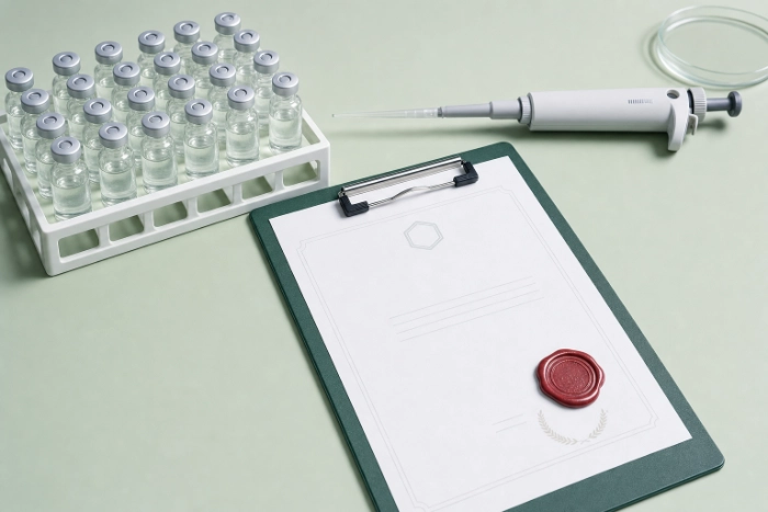 Vial rack with laboratory samples and Certificate of Analysis document