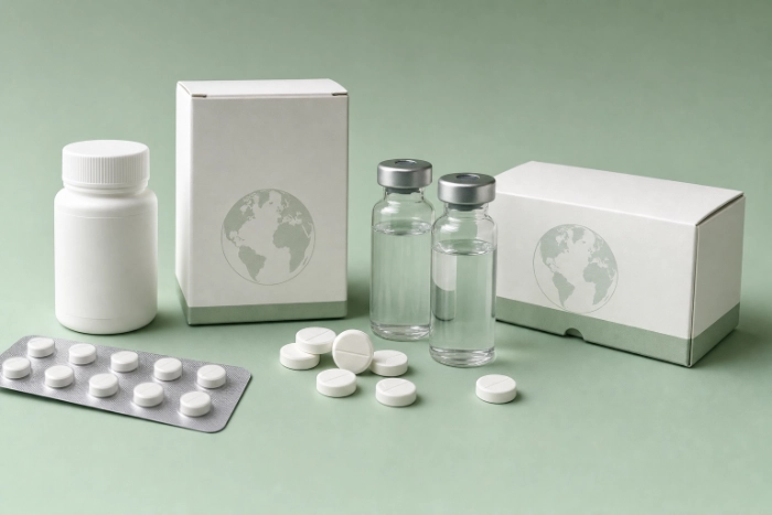 Packaged tablets, injectable vials, and shipping boxes ready for distribution