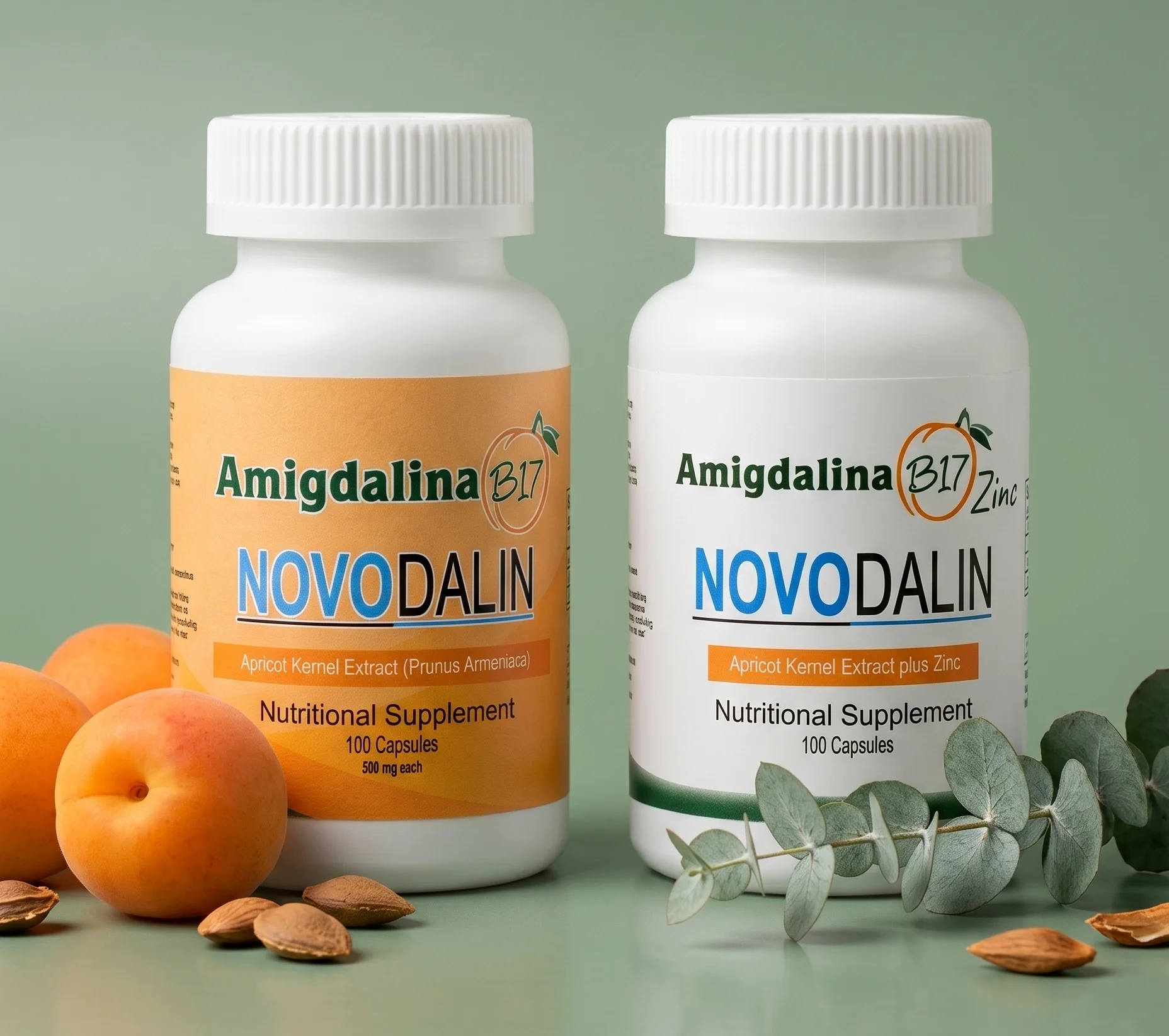 Bottle of Vitamin B17 Amygdalin Capsules 500mg and bottle of amygdalin plus zinc capsules — Novodalin